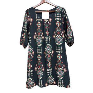 Peach Love California Womens Geometric Aztec Print Black 3/4 Sleeve Dress Small